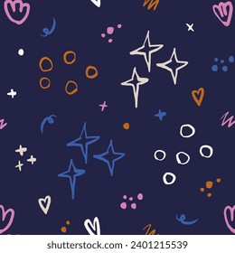 Hand drawn quirky doodles, naive childish sketch drawing scribbles seamless pattern. Colorful creative various shapes elements wallpaper