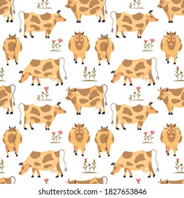 Hand drawn quirky milk cow seamless vector pattern. Domestic animals cartoon illustration. Brown cows farming herd. Farm cattle mammal grazing grass isolated background. Cute hand drawn design element