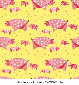 Hand drawn quirky piggy family seamless pattern. Farm animals fun childlike design. Cartoon pig with small baby pigs origami geometric shape vector background. Abstract minimal style backdrop texture
