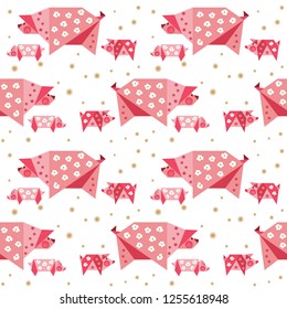 Hand drawn quirky piggy pattern. Farm animals creative cheerful, children-inspired design. Flat pig with small baby pigs origami geometric silhouette. Abstract minimal style vector seamless backdrop