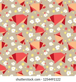 Hand drawn quirky piggy seamless pattern. Farm animals creative cheerful design. Cartoon pig with small baby pigs origami geometric shape vector background. Abstract minimal style backdrop texture
