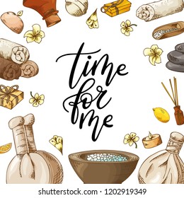 Hand drawn quote about spa. Graphic elements in sketch style for cosmetics and beauty salon. Vector illustration with lettering.