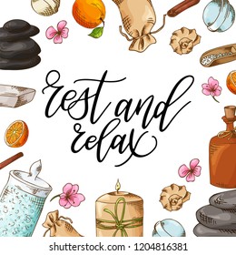 Hand drawn quote about spa. Graphic elements in sketch style for cosmetics and beauty salon. Vector illustration with lettering.