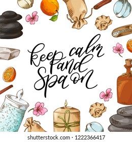 Hand drawn quote about spa. Graphic elements in sketch style for cosmetics and beauty salon. Vector illustration with lettering.