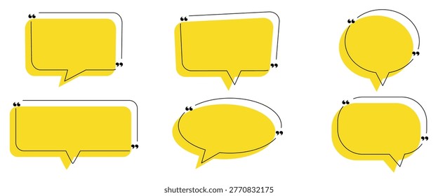 Hand Drawn Quote Bubble Set with Doodle Lines on white background. Quote box frame set. Blank quote boxes for text. Quotation bubble frame template with yellow background.eps10.
