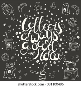 Hand  drawn quote - Coffee is always a good idea. Written in white on a blackboard. Can use for design cafe menu, handbags, T-shirts