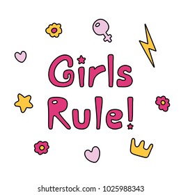 Hand drawn quote Girls rule, with flowers, hearts, star, lightning bolt, golden crown, Venus mirror. Isolated objects on white background. Vector illustration. Design concept feminism, women day.
