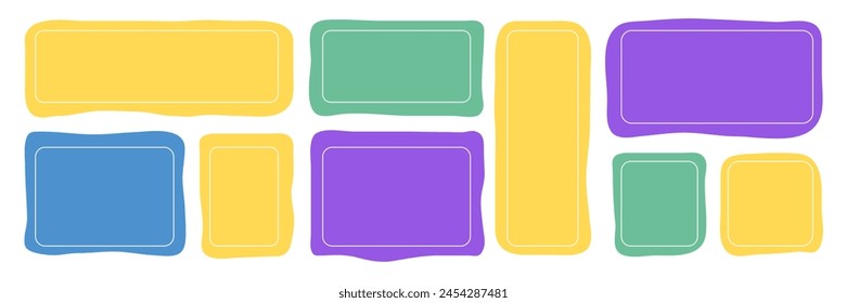 Hand drawn quote rectangle speech bubbles. Empty frames , color blobs. Doodle shapes for social media stories. Minimalist blank template. Vector illustration on white background.