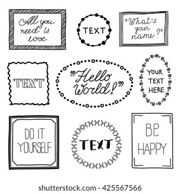 Hand drawn quote vintage vector frames. Doodle frame boxes, speech bubbles with text messages and commas. Frame vintage for text and doodle frame for message speech illustration