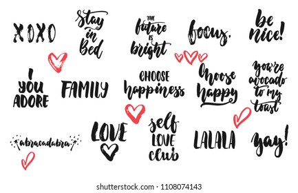 Hand drawn quotes lettering different phrases set about love and life isolated on the white background. Fun brush ink vector illustration for banners, greeting card, poster design, photo overlays