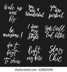 Hand drawn quotes set about beauty. Woman motivational signs. Calligraphy inspirational slogans. Graphic design element. Can be used as print for poster, t shirt, postcard.