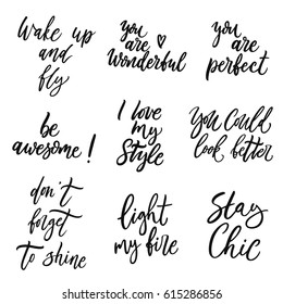Hand drawn quotes set about beauty. Woman motivational signs. Calligraphy inspirational slogans. Graphic design element. Can be used as print for poster, t shirt, postcard.