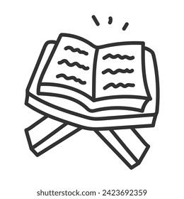 Hand drawn Quran, hadist icon in flat black line style, isolated on white background 