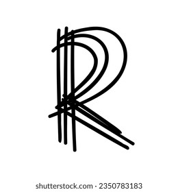Hand drawn R letter latin english in doodle scribble brush hand drawn style isolated on white background. For lettering, presentation, font, education, logo, signboard, branding, abc, alphabet.