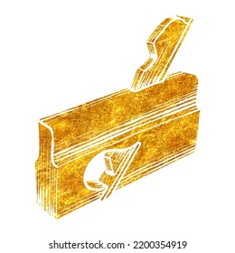 Hand drawn rabbet plane icon woodworking tool in gold foil texture vector illustration