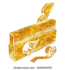 Hand drawn rabbet plane icon woodworking tool in gold foil texture vector illustration