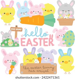 hand drawn rabbit and baby chick easter seamless fabric patterns textiles clothing wrapping paper cover banner home deco abstract backgrounds Vector illustration