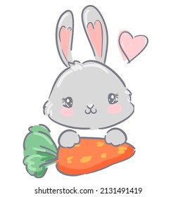Hand Drawn Rabbit with a carrot  Cute Bunny illustration. Print for children vector 
