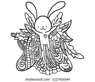 Hand drawn rabbit coloring page for adult and children.Easter  Creative cute bunny. Black and white vector illustration.