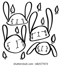 Hand drawn The rabbit is crying with carrots,cartoon. vector. coloring books, t-shirts.illustration , artwork.Flowers Love