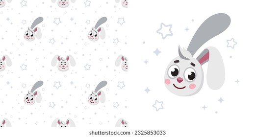 Hand drawn Rabbit in doodle style for designing baby clothes. Postcard with Hare and seamless pattern. Cartoon Bohemian nursery print. Kids design texture for pajamas. Vector illustration.