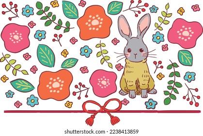 hand drawn rabbit and flower illustration material