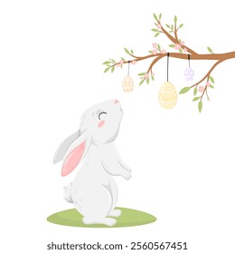 Hand drawn rabbit and flowering branch with easter eggs, isolated on white background. Easter card with bunny, in flat vector style. Happy Easter holiday illustration.