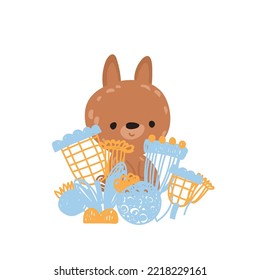Hand Drawn rabbit and flowers. Cute Rabbit. Vector Print for kids room decoration, fabric, paper, card, t shirt, poster, textile. Vector illustration