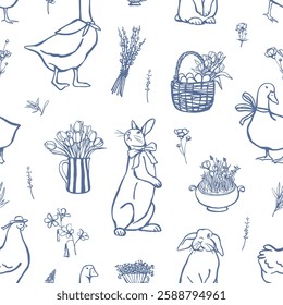 Hand drawn rabbit, goose, hen and spring flowers seamless pattern