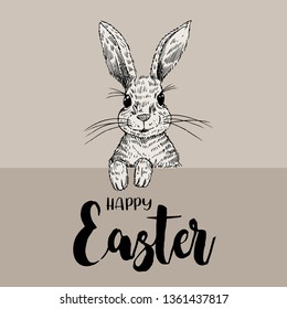 Hand drawn rabbit, Happy Easter banner, vector