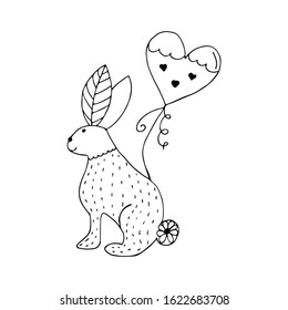 Hand drawn rabbit, hare with ornament and heart balloon vector illustration. Symbol of spring, love, easter, summer.