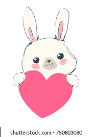 Hand Drawn rabbit and heart cute illustration