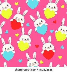 Hand Drawn rabbit and heart cute pattern
