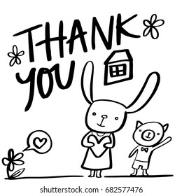 Hand drawn Rabbit holds heart Thank you and cat,cartoon. vector. coloring books, t-shirts.illustration , artwork.Flowers Love