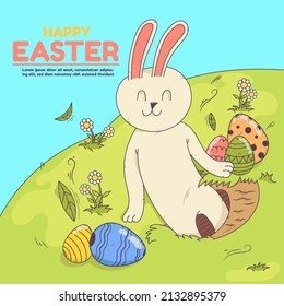 Hand drawn Rabbit with hole on grass field and Easter Egg ,vector,illustration.