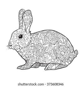 Hand drawn rabbit . Isolated on white. antistress Coloring Page Vector monochrome sketch.