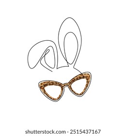 Hand drawn rabbit in leopard print sunglasses. One line continuous drawing illustration. Abstract bunny ears hare linear icon. Outline print, banner, card, poster, logo, cartoon, sign, symbol, doodle.