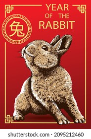 Hand drawn Rabbit on red background with frame and text rabbit on Chinese language in round.  Happy chinese new year illustration.