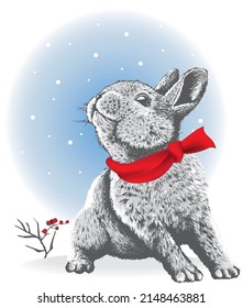 Hand drawn Rabbit in red scarf on blue sky background with snow. Christmas vector illustration.