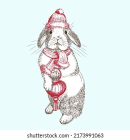 Hand drawn rabbit in red winter hat, scarf. Bunny symbol Chinese New Year 2023. Christmas decor. Tattoo art. Black and white sketch engraving style design. Vector illustration
