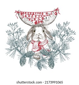 Hand drawn rabbit in red winter hat, scarf, antlers and garland of balls Xmas wreath Bunny symbol Chinese New Year 2023. Christmas decort. Tattoo art. engraving style design. Vector illustration