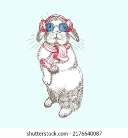 Hand drawn rabbit in red winter scarf, earmuffs, sunglasses. Bunny symbol Chinese New Year 2023. Christmas decort. Tattoo art. Black and white sketch engraving style design. Vector illustration