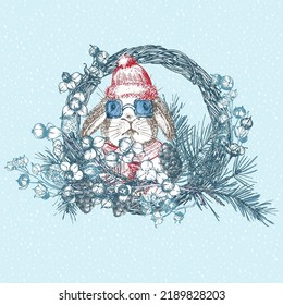 Hand drawn rabbit in red winter hat, scarf, sunglasses Xmas wreath Bunny symbol Chinese New Year 2023. Christmas decor. Tattoo art. Black and white sketch engraving style design. Vector illustration