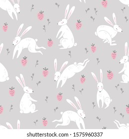 Hand drawn rabbit seamless pattern. Bunnies and strawberries with flowers on a gray background. Cute nursery characters for Easter