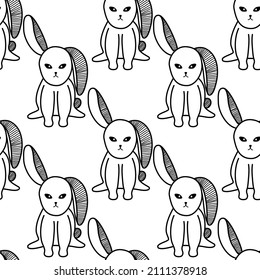 Hand drawn rabbit. Seamless pattern. on a white background. Seamless lines. Black and white. Decorative pattern on packaging. Packaging box pattern. Logo vector.