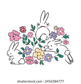 Hand Drawn rabbits and flowers Decorative elements for design Vector illustration