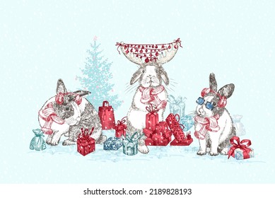 Hand drawn rabbits in red winter hat, scarf, antlers and garland of balls Xmas wreath Bunny symbol Chinese New Year 2023. Christmas decor. Tattoo art. engraving style design. Vector illustration