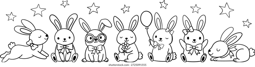 Dibujado a mano Conejos Vector colección Doodle Estilo Negro Línea Arte Siluetas Niños Página para colorear Vivero Pegatinas Niños Colorear Decoración de libros Diseño de artesanía
