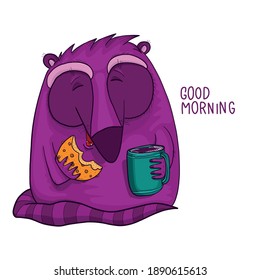 Hand drawn raccoon with a cup of coffee and a cookie: good morning poster