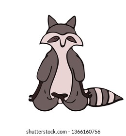 Hand drawn raccoon do yoga. Asana set. Cute wildlife animal character do fitness. Isolated vector design.